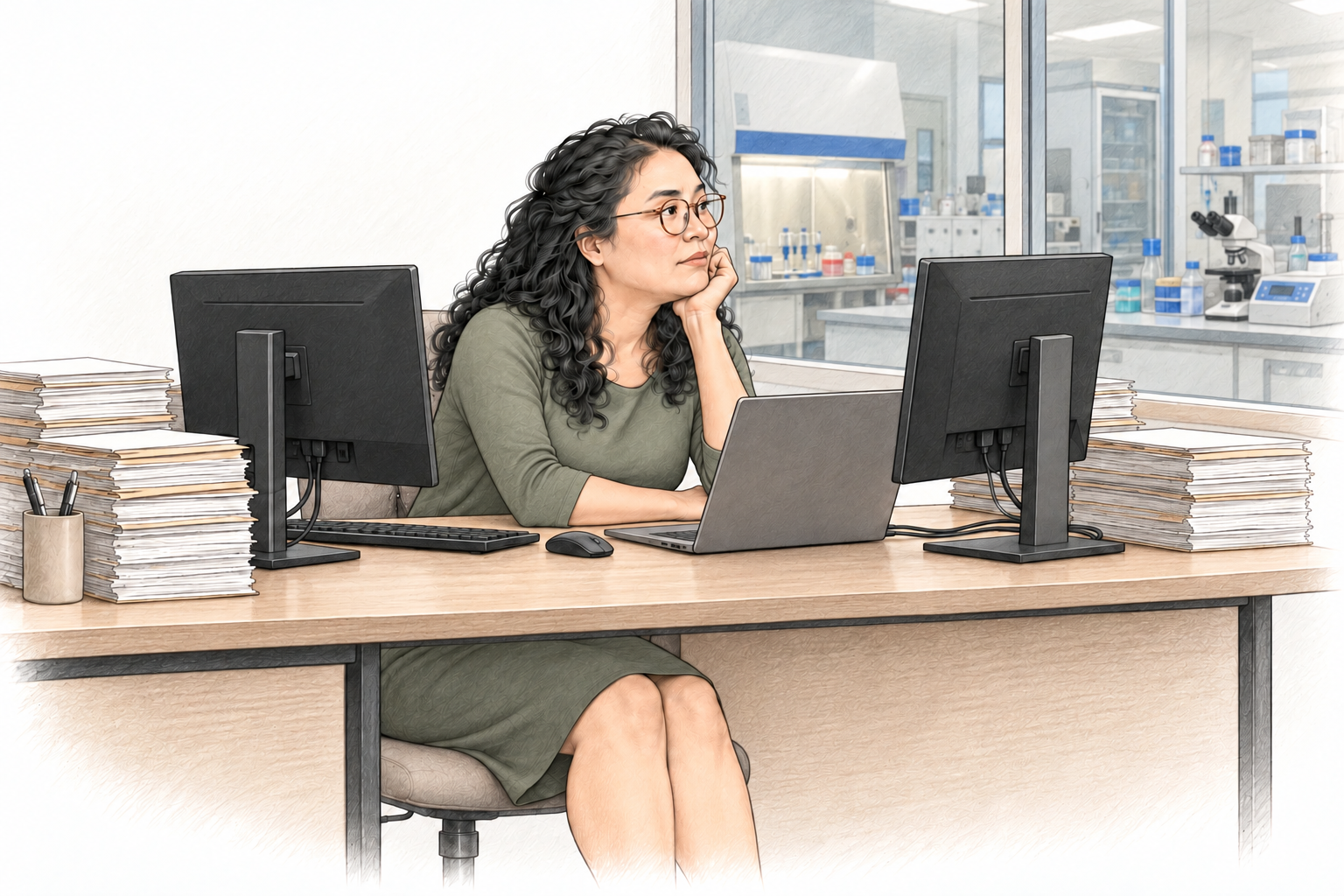 Sabrina achter haar bureau met twee schermen en een laptop, met het viruslab achter glas