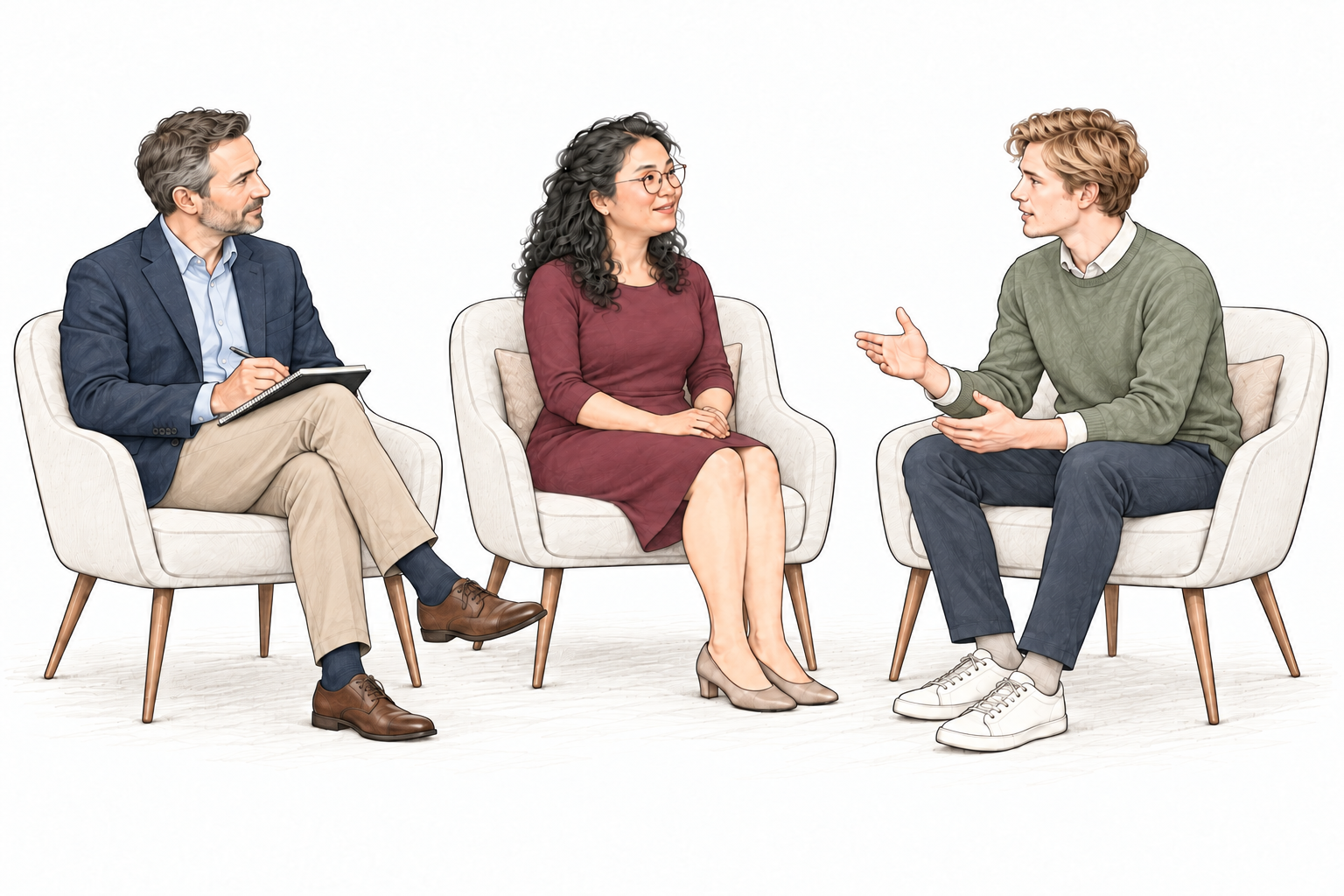 Medewerker, Sabrina en leidinggevende bespreken samen de doelen en afspraken; Sabrina zit in het midden en luistert.